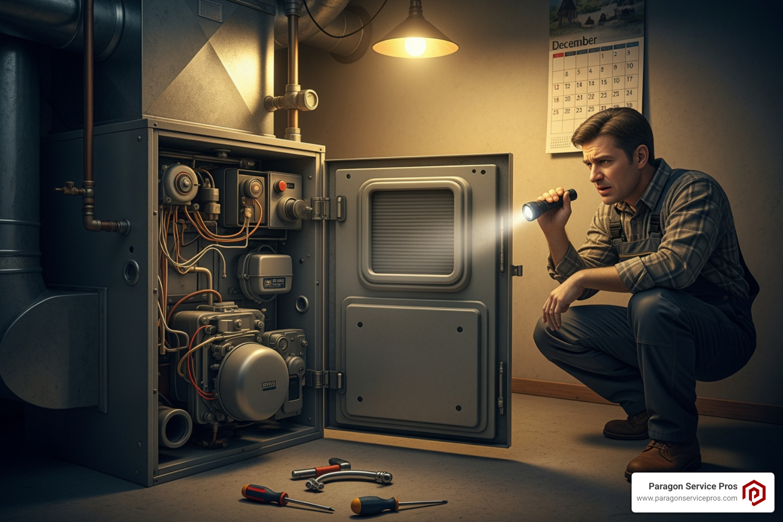 Infographic showing three columns: 1) Homeowner Checks (thermostat, breaker, filter, power switch), 2) Common Problems (ignition failure, blower motor issue, thermostat fault, heat exchanger crack), 3) Calling a Pro (licensed and insured, 24/7 availability, clear pricing, same-day repairs) -