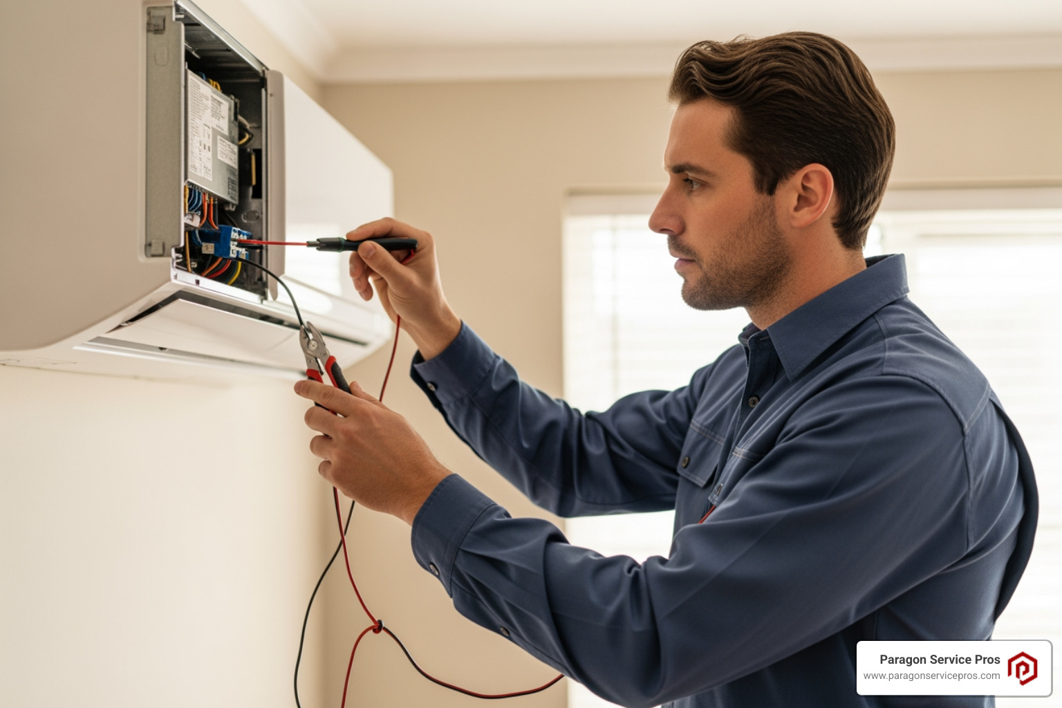 technician inspecting HVAC electrical components - ac maintenance company in gold canyon, az