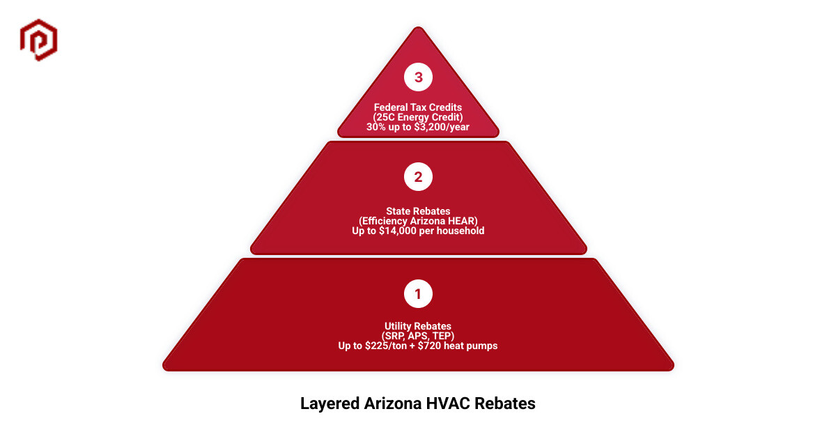 Infographic showing layered structure of federal, state, and utility HVAC incentives available in Arizona - arizona energy