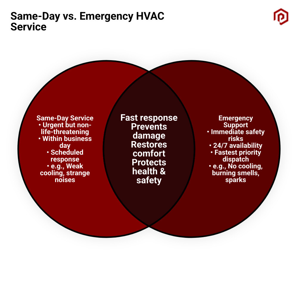 Infographic comparing same-day vs emergency HVAC service response times and use cases - advantages of same day service and