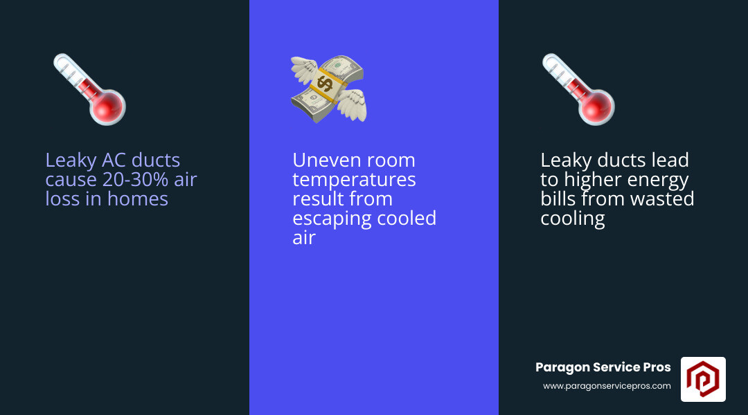 Infographic showing how leaky AC ducts cause 20-30% air loss, higher bills, uneven temperatures, and poor air quality in Infographic showing how leaky AC ducts cause 20-30% air loss, higher bills, uneven temperatures, and poor air quality in