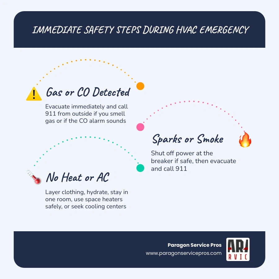 Infographic showing immediate safety steps during a heating or cooling emergency including gas leak evacuation, CO alarm Infographic showing immediate safety steps during a heating or cooling emergency including gas leak evacuation, CO alarm