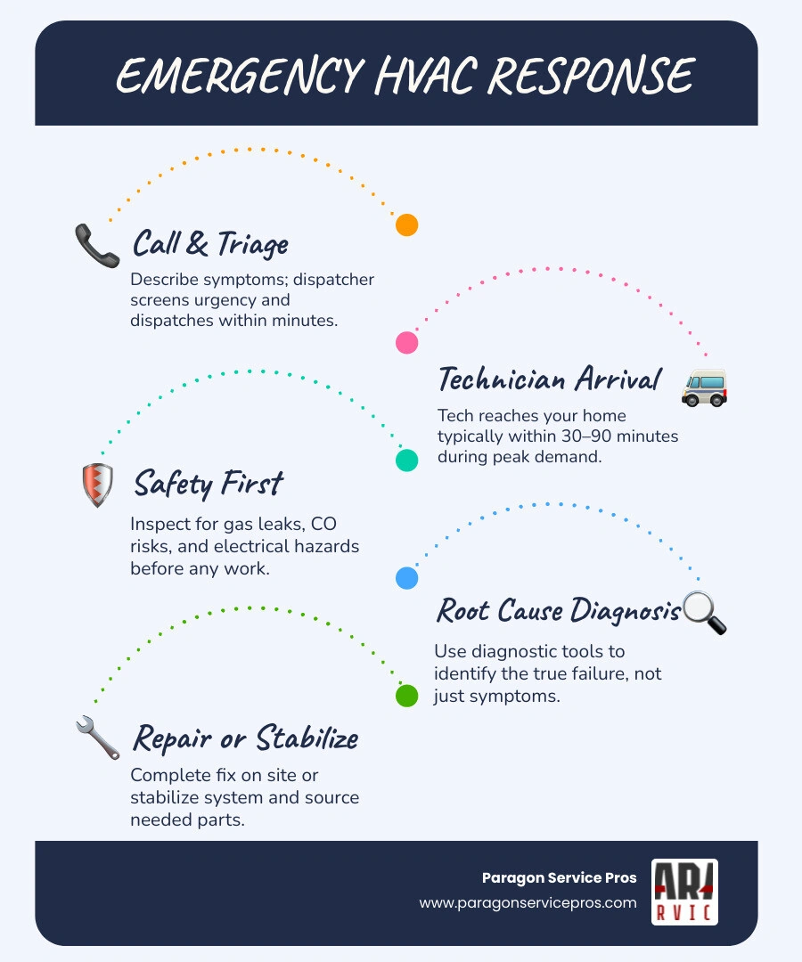 Emergency HVAC response timeline infographic showing 7 steps from initial call to final documentation infographic