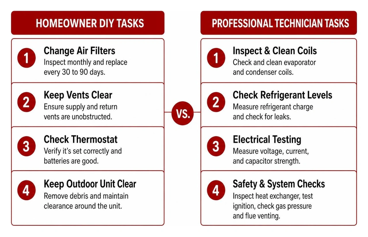 Diagram showing the difference between easy DIY homeowner maintenance tasks and complex professional technician tasks Diagram showing the difference between easy DIY homeowner maintenance tasks and complex professional technician tasks