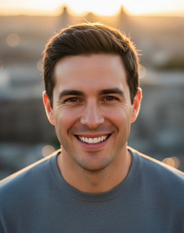 Smiling man in gray shirt with warm sunset lighting behind him
