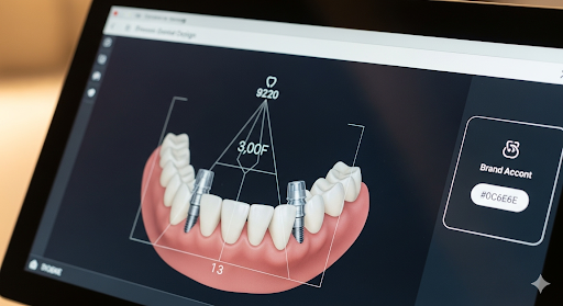 Digital dental implant plan with 3D tooth model and measurement angles