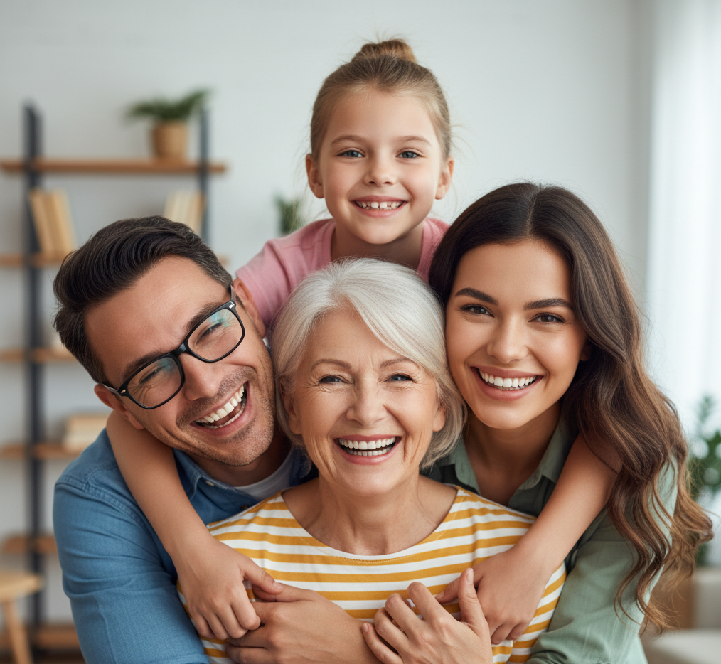 Happy multi-generational family smiling together in bright, cozy room