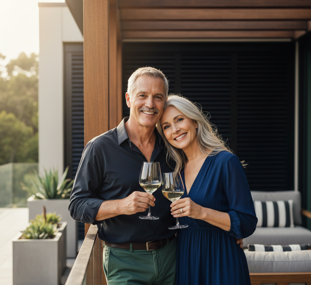 Mature couple smiling and drinking wine on a modern outdoor patio