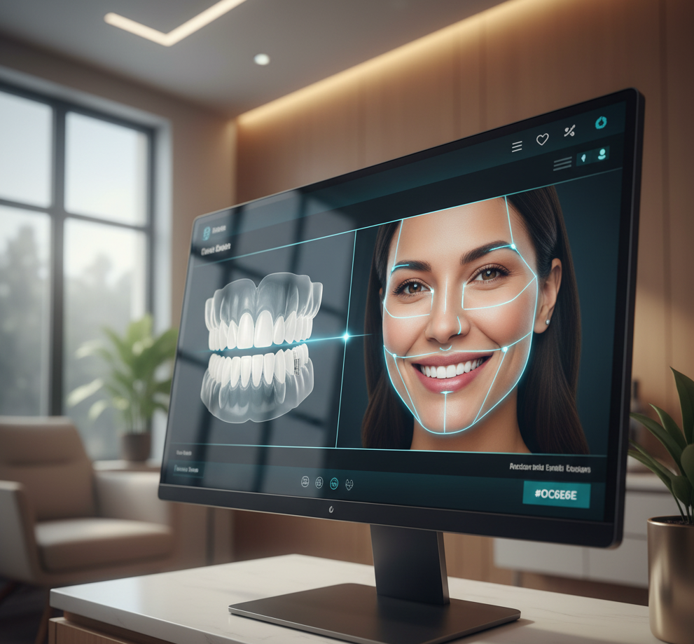 Digital dental scan showing facial recognition and tooth model