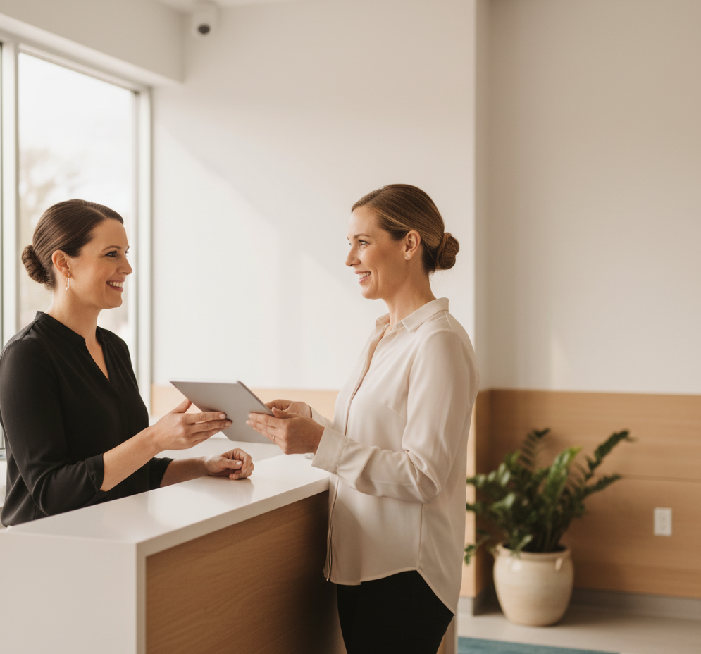 Two professionals exchanging documents at a clean, minimalist office reception