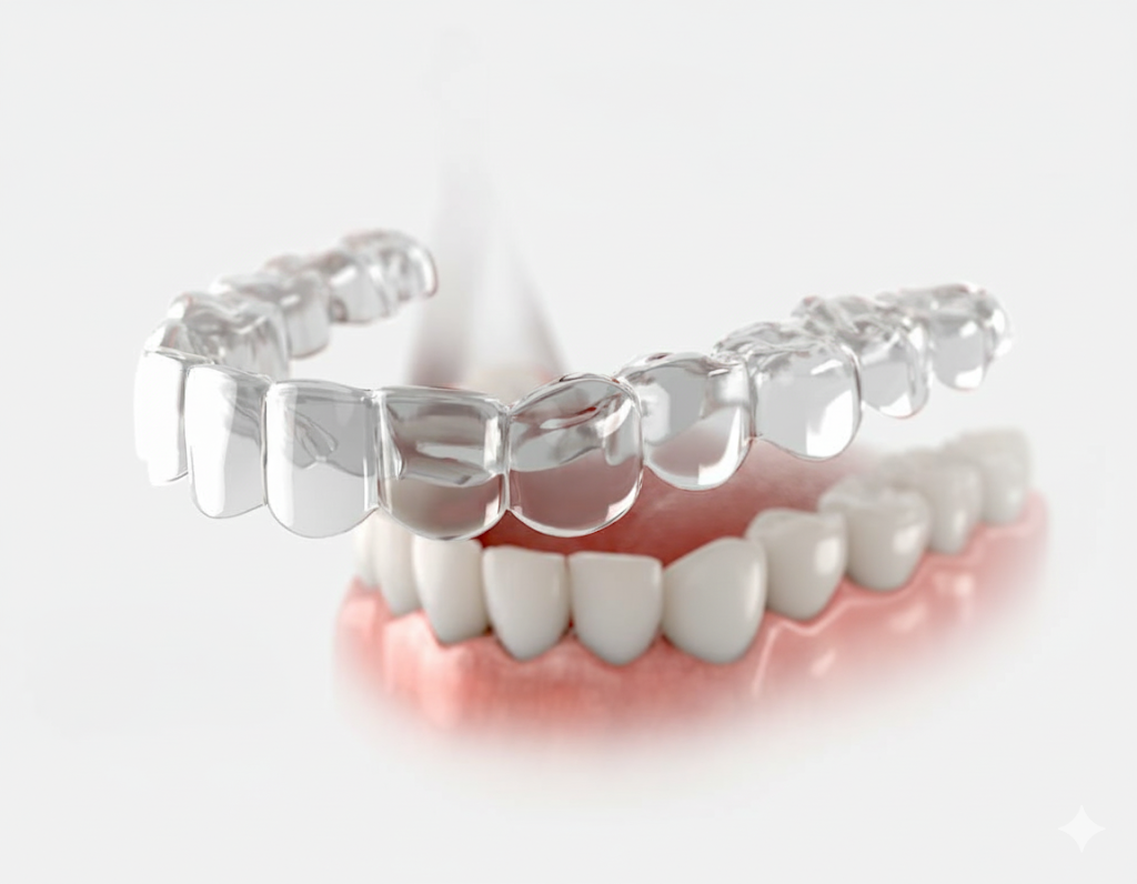 Transparent dental aligners over white teeth and pink gums