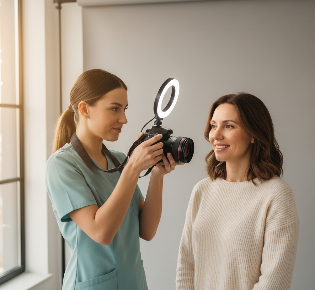 Photographer with ring light takes photo of smiling woman indoors