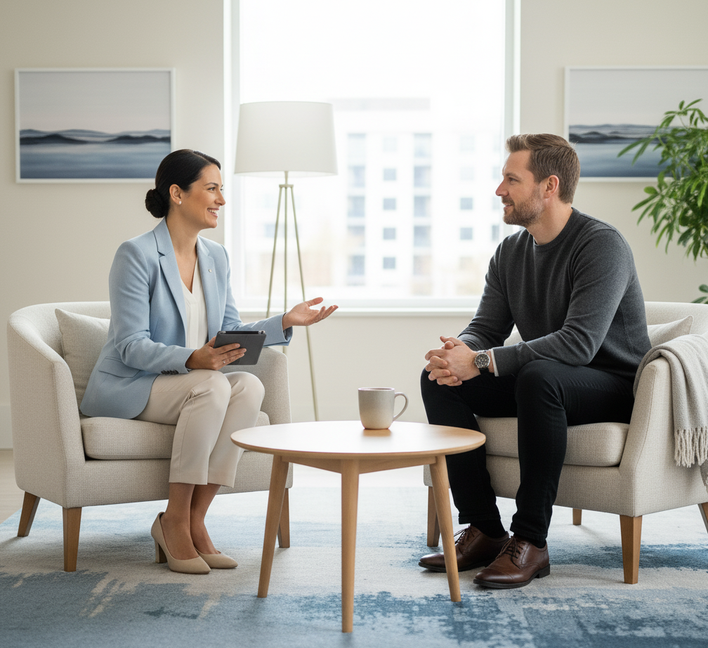 Two professionals discussing work in a bright, modern office setting