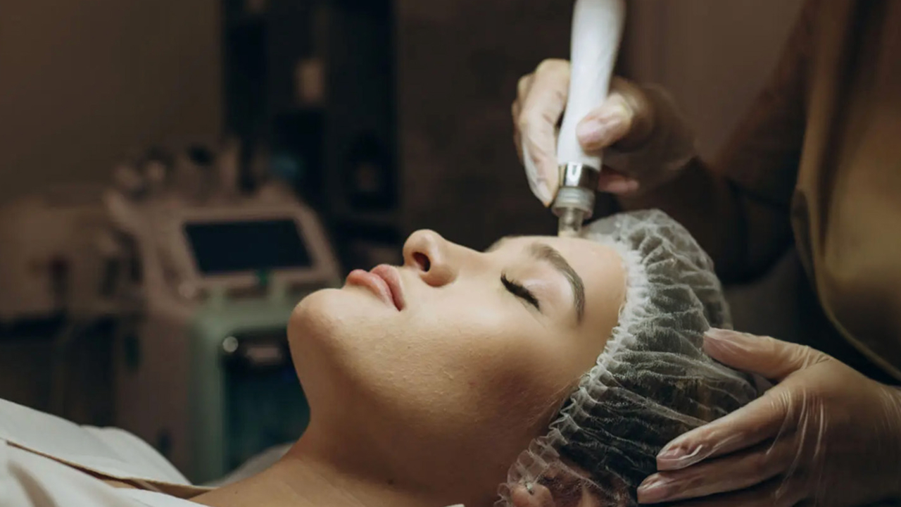 Professional performing RF microneedling procedure to tighten skin.