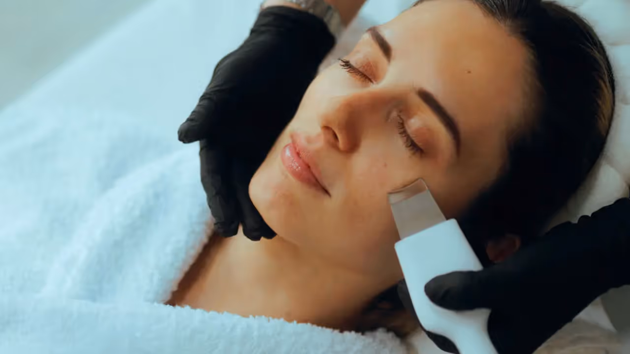 Close-up of dermaplaning treatment gently removing dead skin cells for a silky-smooth face.