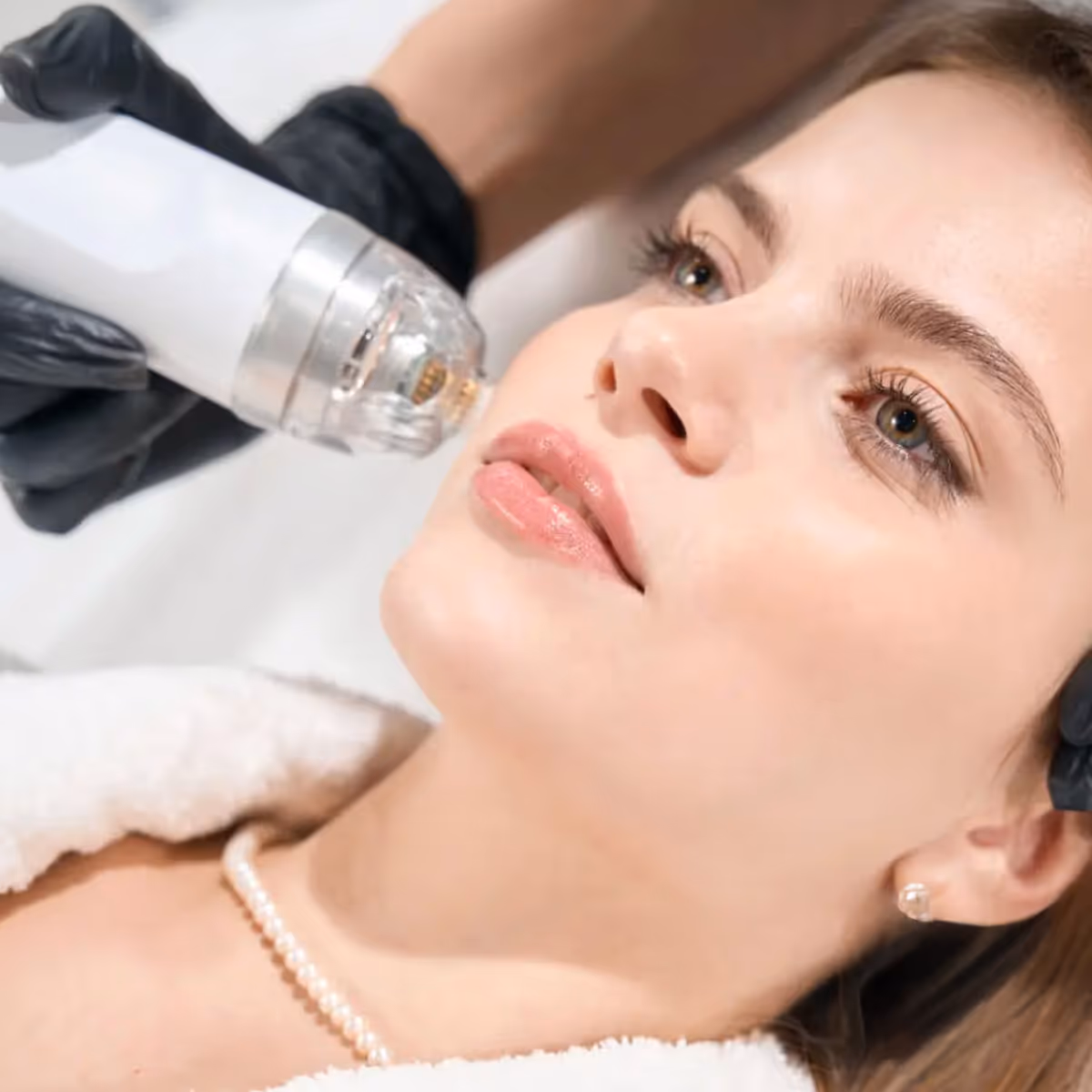 Aesthetic specialist performing RF microneedling treatment to improve skin texture.