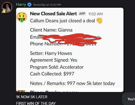 Chat message showing a New Closed Sale Alert for client Gianna, phone number partially redacted, deal closed by setter Harry Howes, program sold Accelerator, cash collected $997, with notes mentioning $997 now 5k later today.