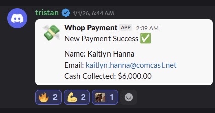Discord message from user tristan showing a Whop Payment app notification of a new payment success with $6,000 collected from Kaitlyn Hanna.