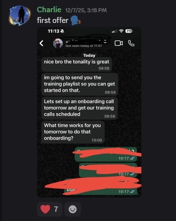 Screenshot of a messaging app chat discussing onboarding call setup and training schedule with some text redacted in green and red.