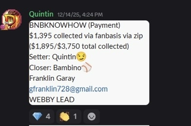 Chat message showing payment details with amounts collected via fanbasis, names Quintin and Bambino, an email address, and reactions including a diamond, clap, and smile emoji.