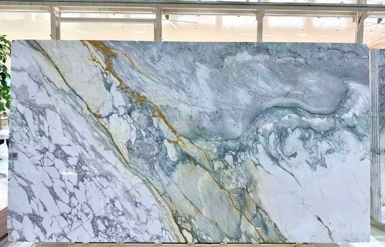 A slab with artsy and wavy veins of picasso marble
