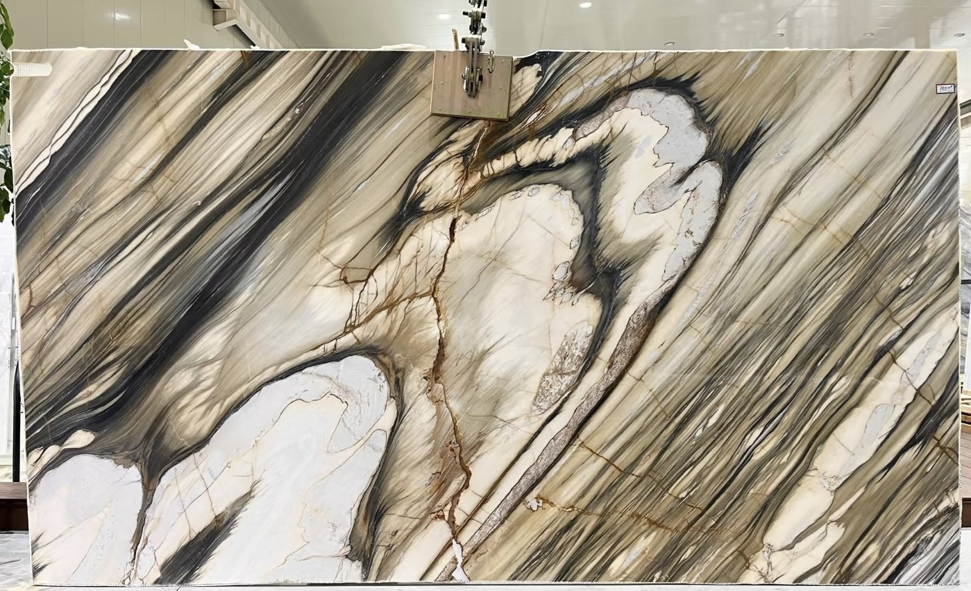 A bold and striking full slab photo of the calacatta oyster marble