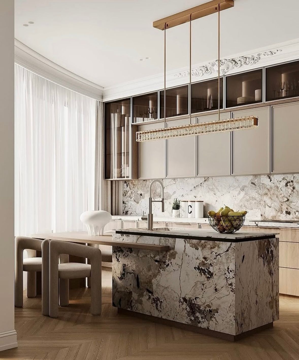 A luxurious and mesmerizing kitchen island acting as a focal point of the kitchen because of the unique beauty of the patagonia