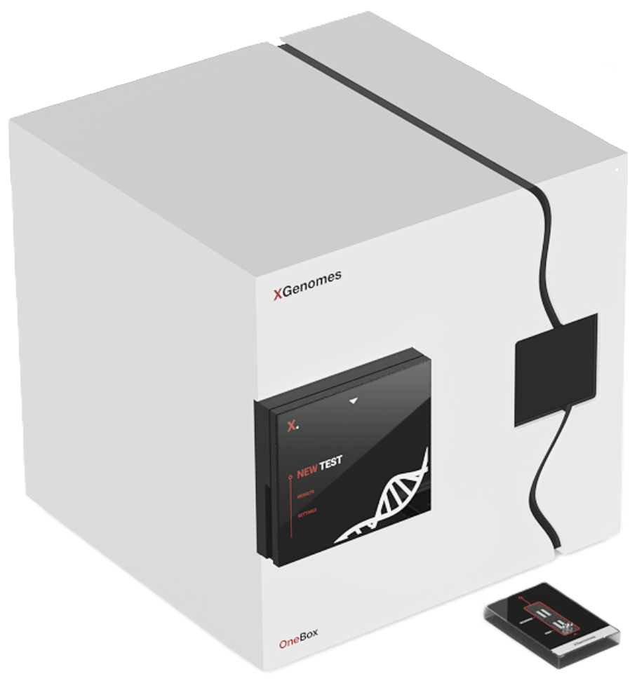 White cubic instrument which reads "XGenomes" and "OneBox" with screen, sample drawer, and a sample cartridge next to it.