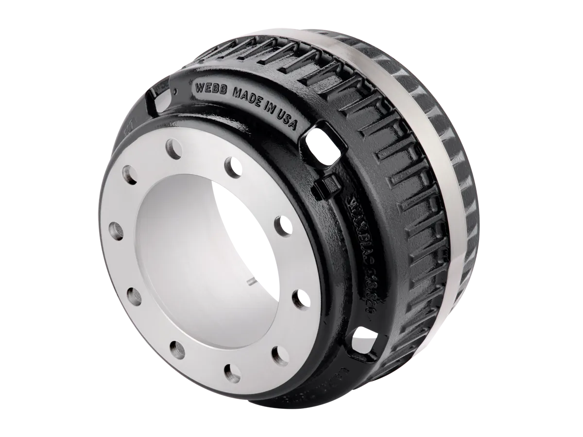 Black and silver metal brake drum with multiple bolt holes around the circular edge.