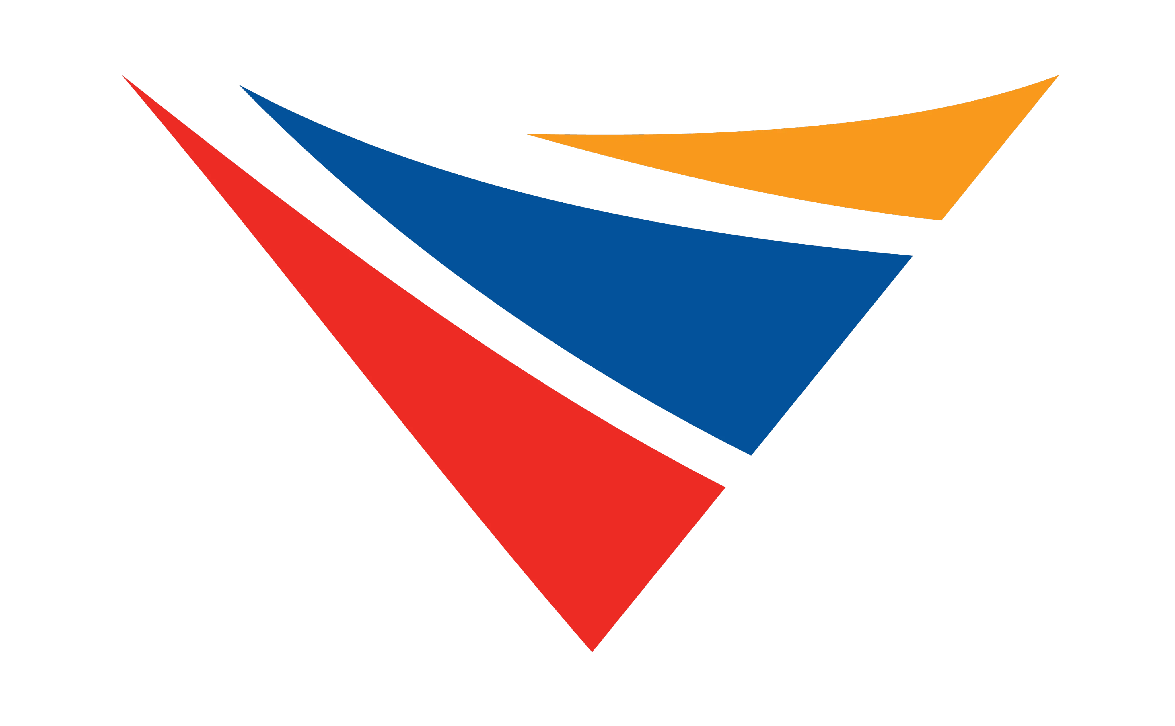 Abstract graphic with three overlapping curved triangles in red, blue, and orange on a black background.