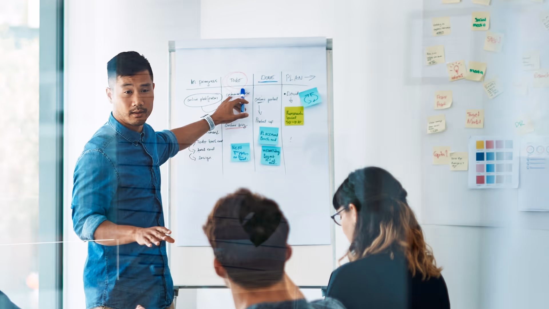 Man in denim shirt pointing at a whiteboard with project planning notes while two colleagues listen.