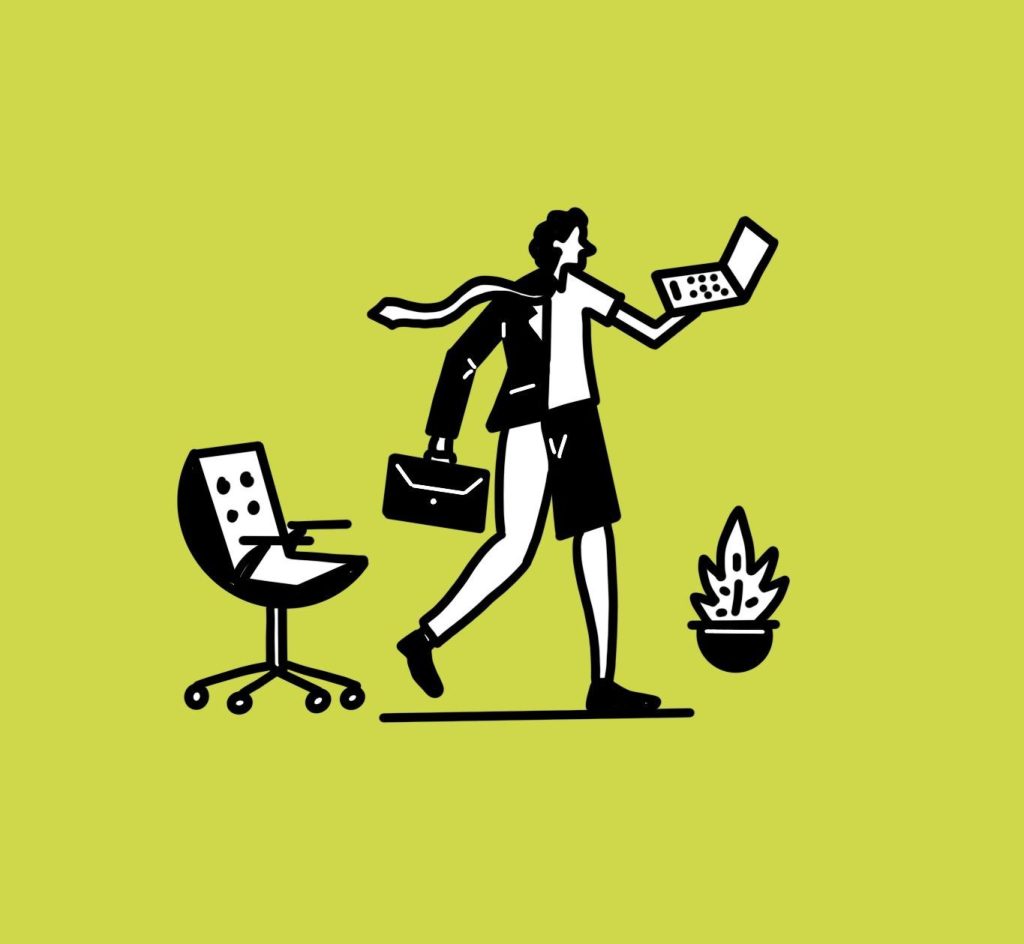 Illustration of a business professional walking confidently with a laptop in one hand and a briefcase in the other, leaving behind an office chair, symbolizing remote work, mobility, and the modern digital workforce.