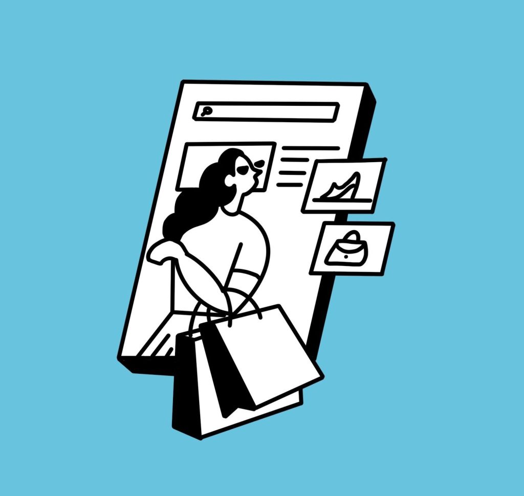 Illustration of a woman holding shopping bags, emerging from a large digital screen displaying an online shopping interface with product icons, symbolizing the integration of e-commerce and in-person retail experiences.