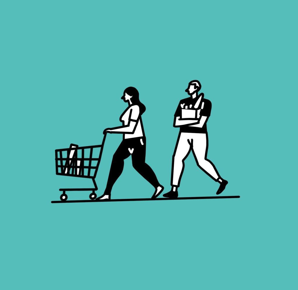 Illustration of a woman pushing a shopping cart while a man walks beside her with crossed arms, symbolizing in-store shopping behavior and consumer decision-making.