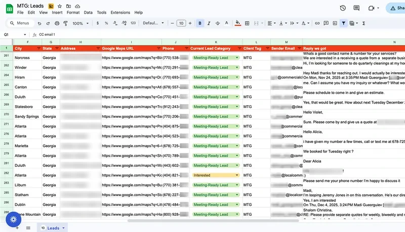 Lead tracking sheet of meeting-ready commercial cleaning leads, with prospect contact details hidden