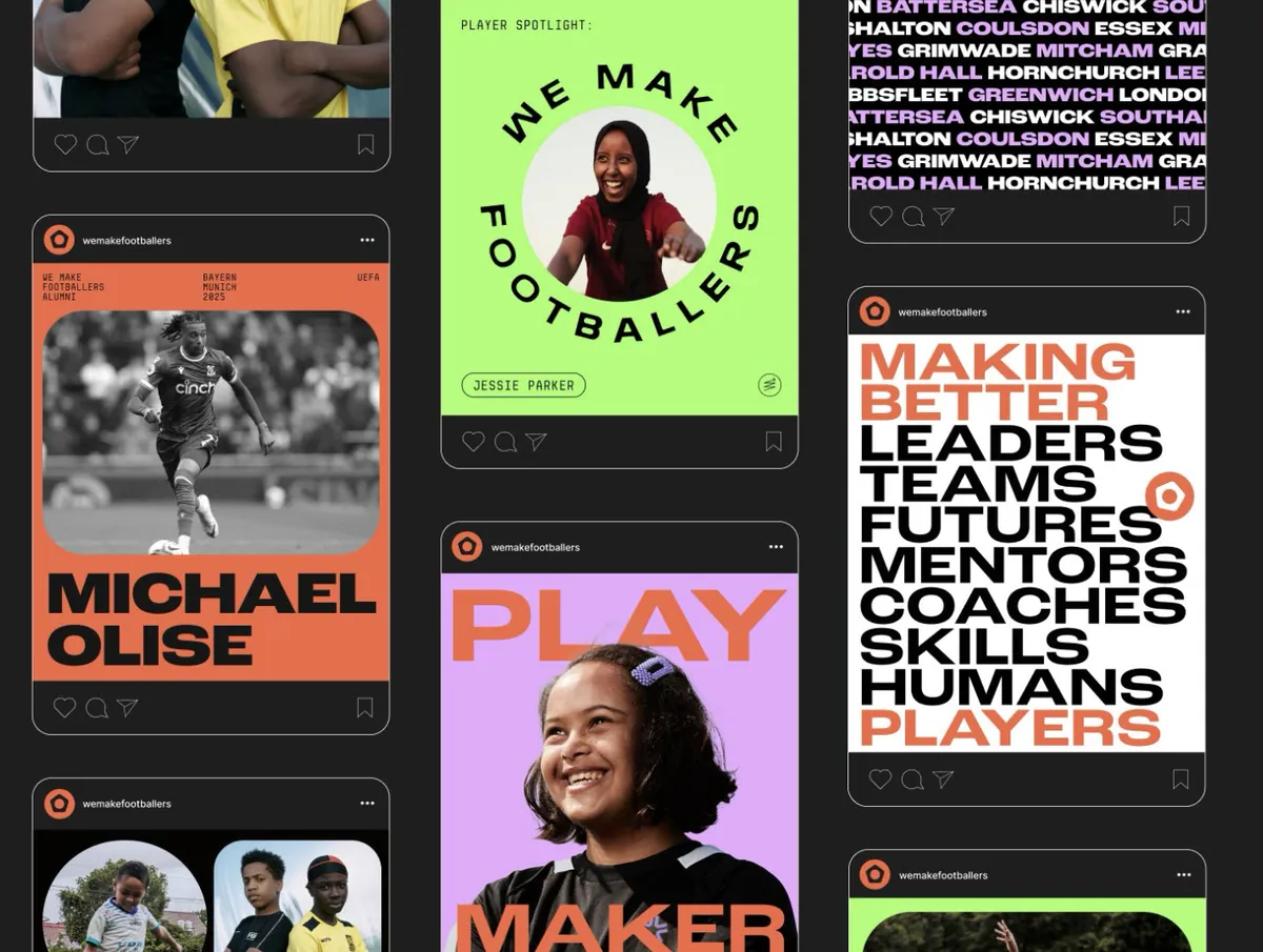 Collage of posts from We Make Footballers featuring a black-and-white action photo of footballer Michael Olise, a smiling girl with the words Play Maker, a player spotlight of Jessie Parker, and motivational text about making better leaders and teams.