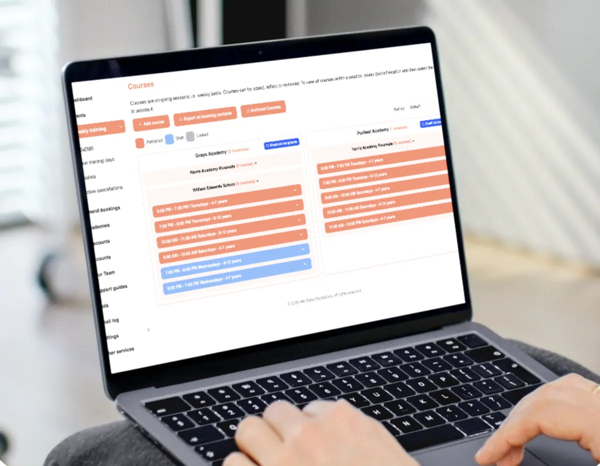 Laptop screen showing a course scheduling interface with time slots and age groups for different academies.