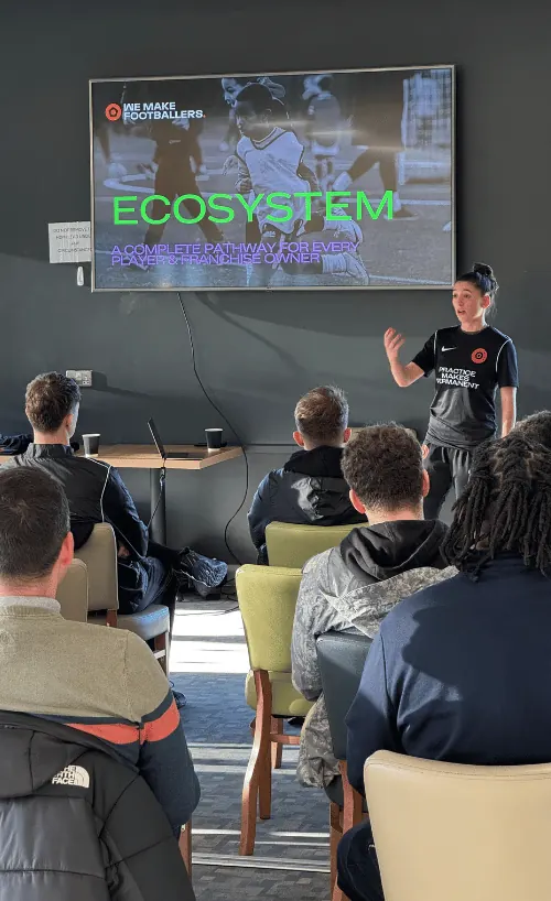 Presenter speaking to an audience in a room, with a screen showing a slide titled 'ECOSYSTEM: A complete pathway for every player & franchise owner.'
