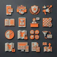 3D icons set representing business, finance, communication, and security concepts arranged in a grid on a dark background.