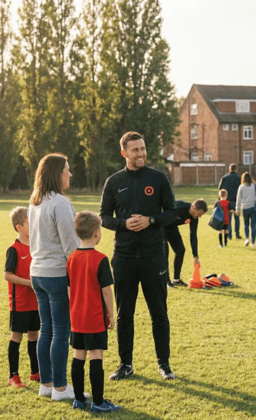 A coach in black sportswear talks to a woman and two young boys on a grassy field with other people and cones in the background.