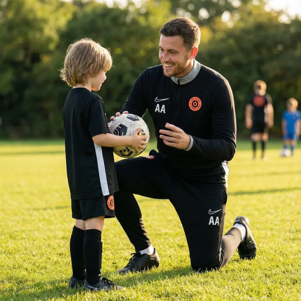 Soccer coach kneeling on grass and smiling while holding a soccer ball with a young player during practice.