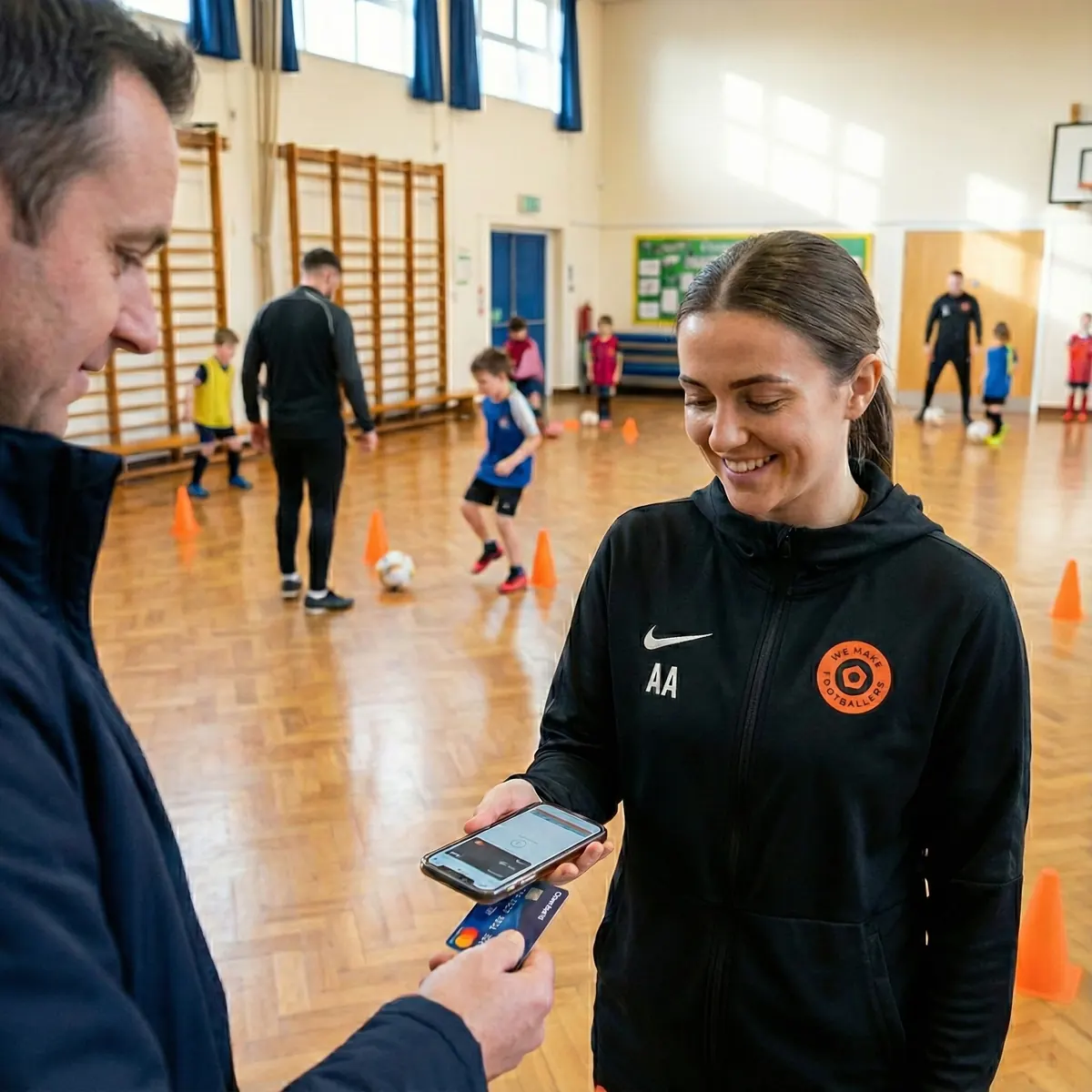 Woman in sportswear holding a smartphone to accept payment from a man using a contactless card in a gym with children playing soccer in the background.