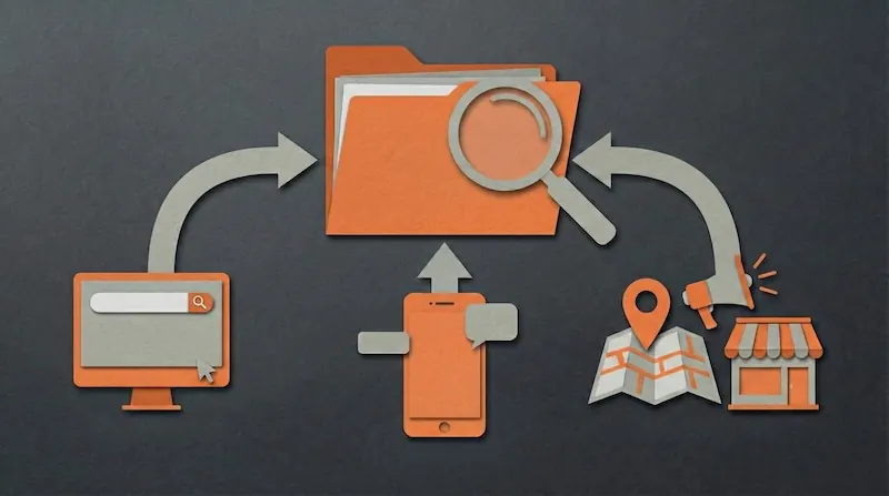 Illustration of a search and marketing workflow with a search bar on a computer, an orange folder with a magnifying glass, a smartphone with chat bubbles, and location and megaphone icons connected by arrows.