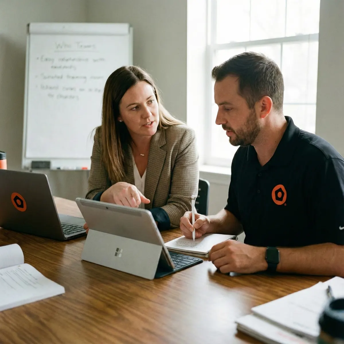 Two colleagues collaborating at a wooden table with a laptop and tablet, a whiteboard in the background.