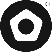 Black circular icon with a pentagon shape and a dot in the center, with a copyright symbol.