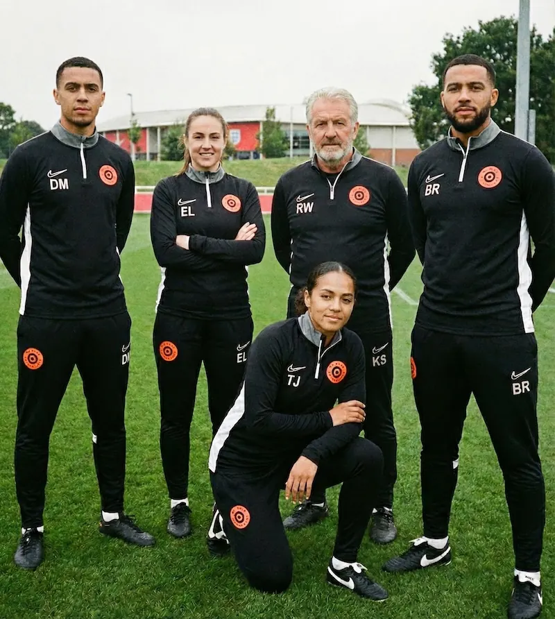 Five people wearing black Nike tracksuits with initials and orange circular logos, standing and kneeling on a green sports field.