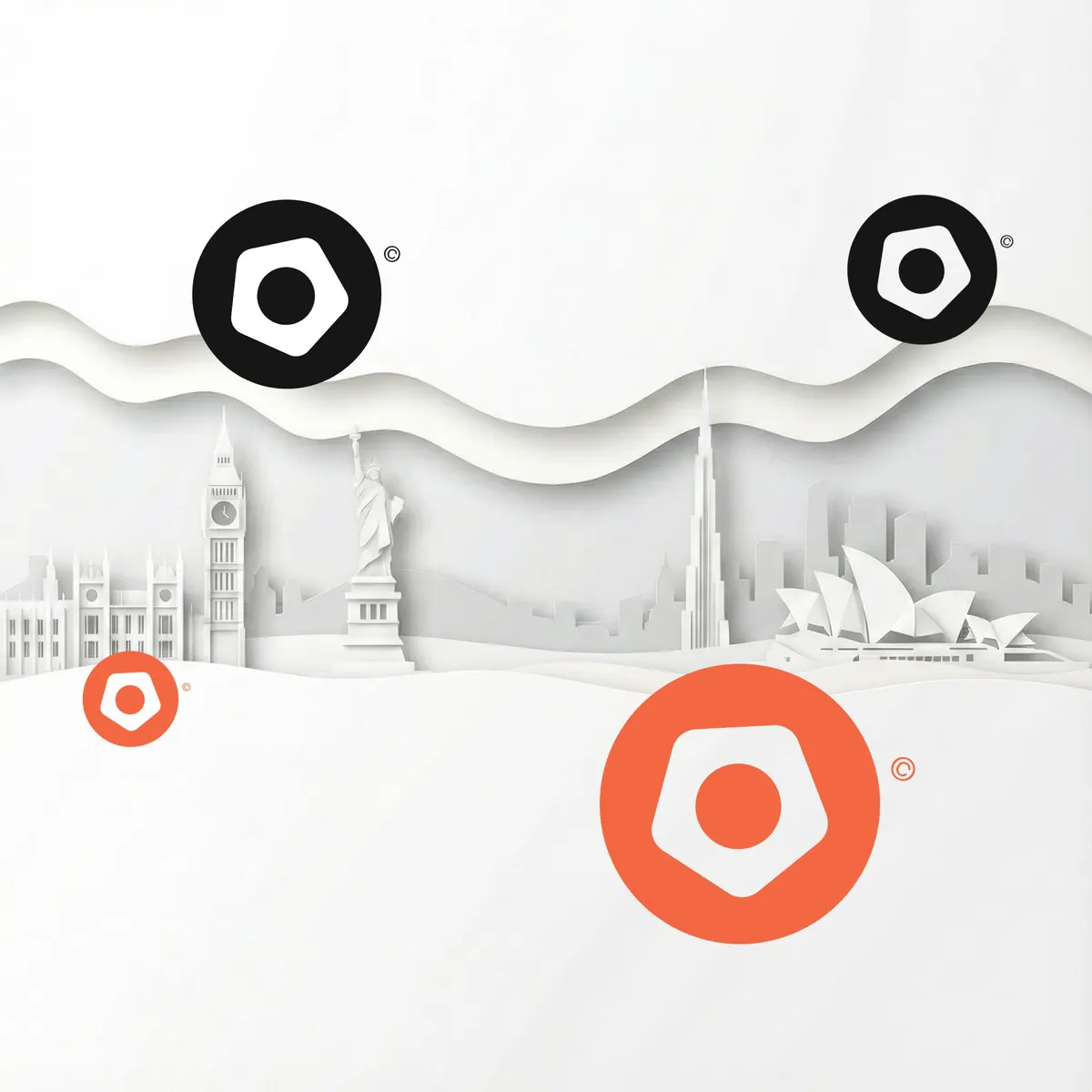 Paper cutout skyline featuring Big Ben, Statue of Liberty, Burj Khalifa, and Sydney Opera House with abstract black and orange geometric logos.