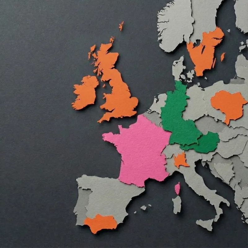 Map of parts of Europe with countries highlighted in colors: United Kingdom, Ireland, Sweden, and parts of Romania and southern Spain in orange; France in pink; Germany, Austria, and Czech Republic in green; other countries in gray.