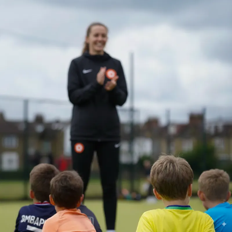 Coach clapping and smiling in front of young children sitting on a sports field.