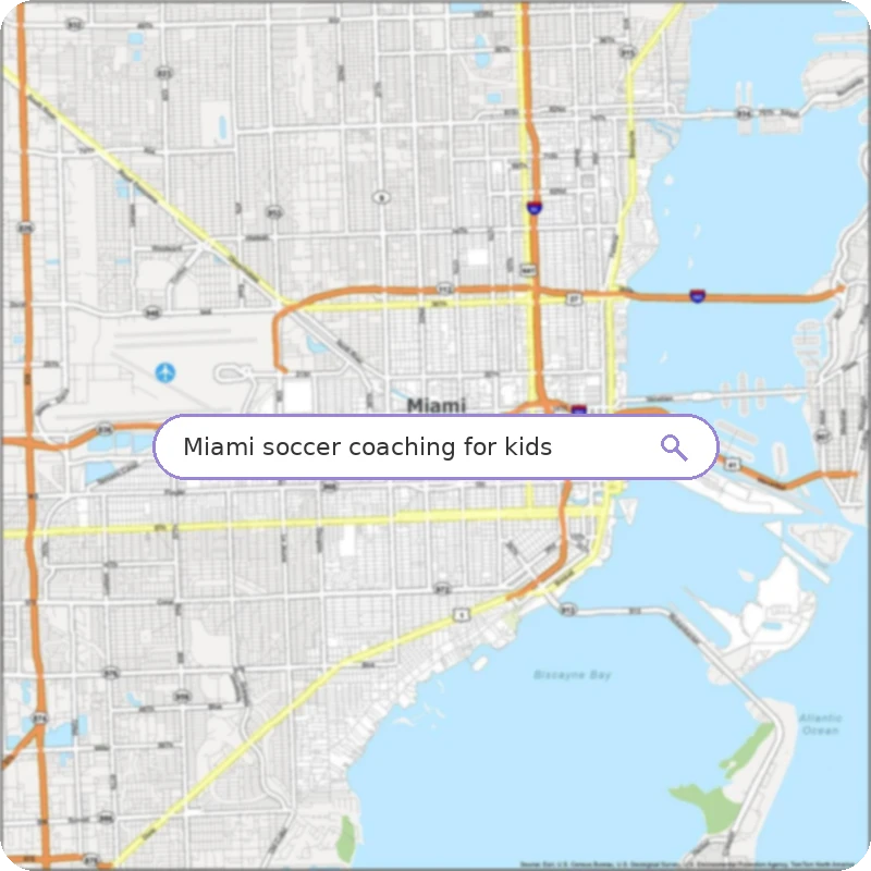 Map of Miami area showing major roads and waterways with a search bar displaying 'Miami soccer coaching for kids'.
